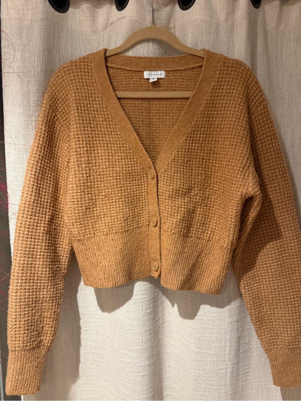Topshop Cropped V‑Neck Waffle Knit Cardigan in Camel